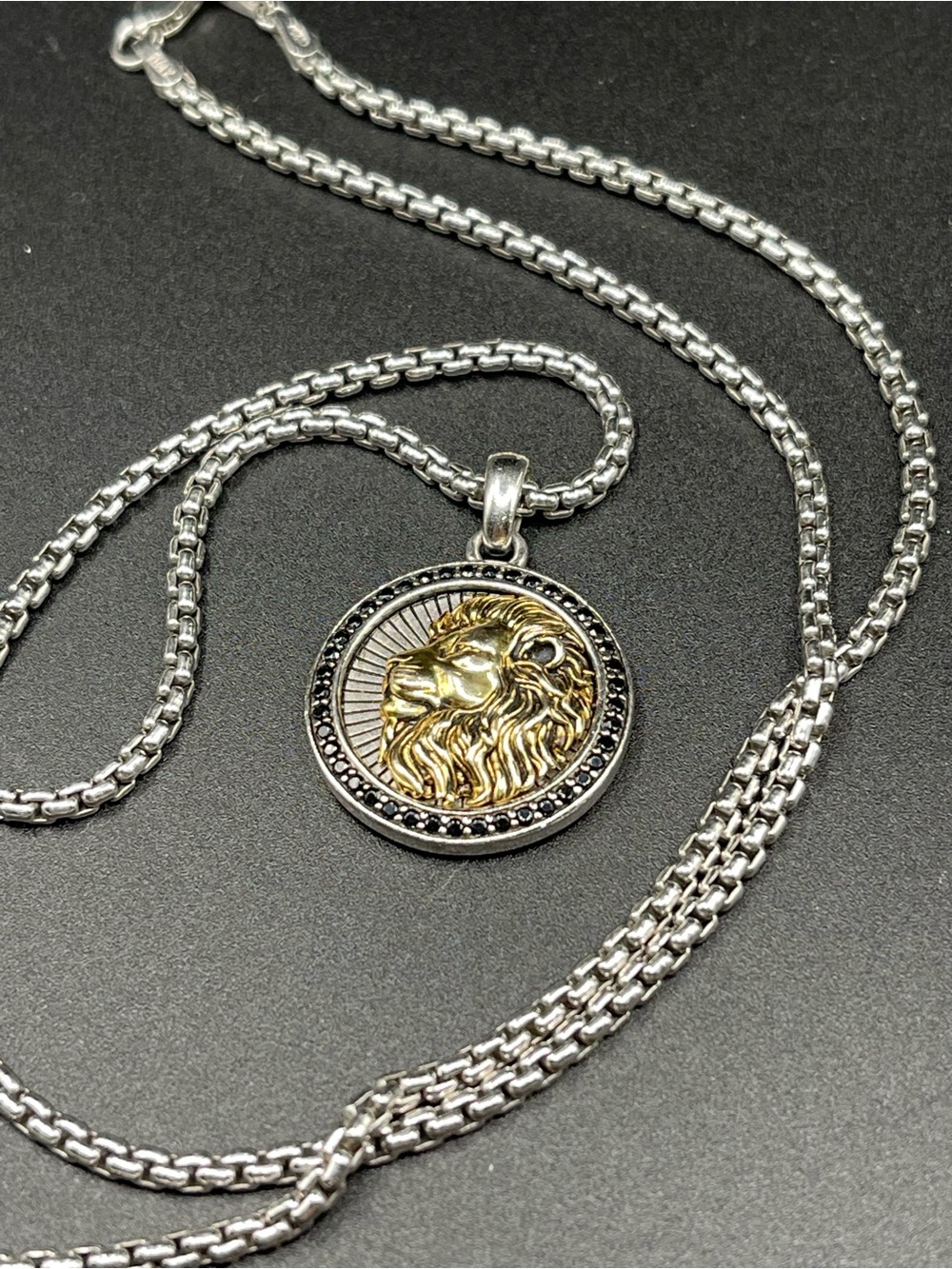 EFFY 925 Silver 14k Gold Plated Black Spinel Lion Pendant Necklace 22” Italy